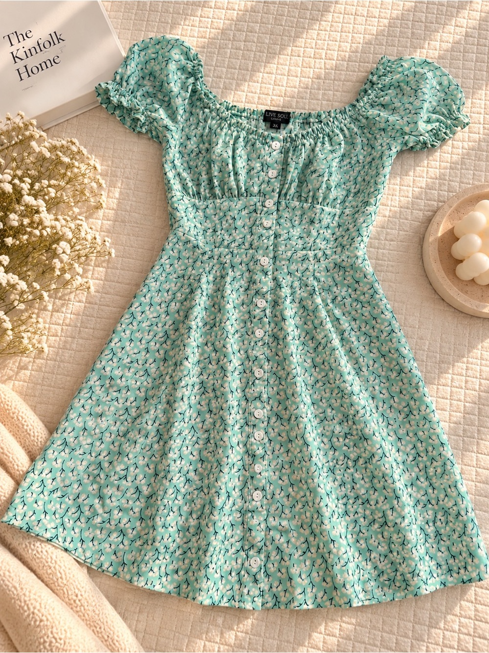 Mint Floral Button-Front Kids Dress